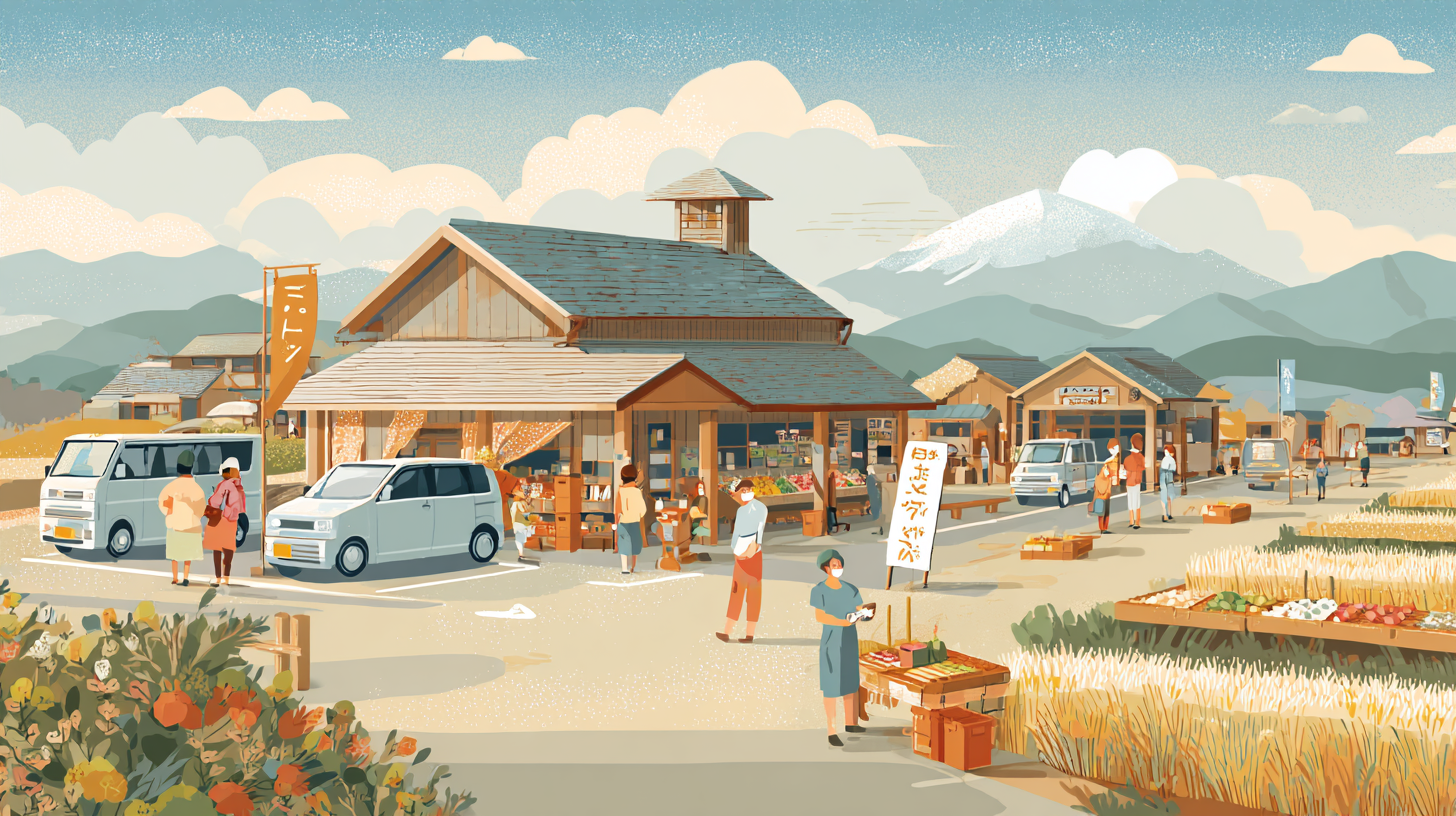 道の駅に集う家族連れと、地域を巡る謎解きイベントの賑わいを描いたイラスト